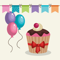 happy birthday party invitation with sweet cupcake vector illustration design