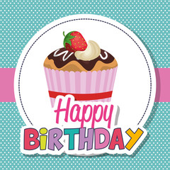happy birthday party invitation with sweet cupcake vector illustration design