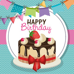 happy birthday invitation with sweet cake vector illustration design