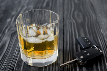 concept of alcohol and driving on wooden background