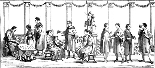 Market, Cobblers, other merchants, vintage engraving.