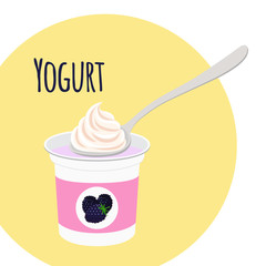 Blackberry yogurt healthy milk product in plastic container. Flat style