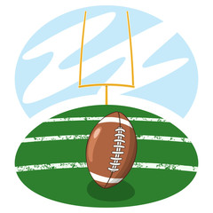 American football on the field with yard lines and goal in the distance