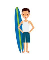 surfboard and happy man cartoon icon over white background. trip and vacations concept. colorful design. vector illustration