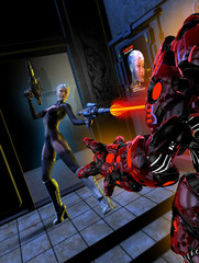 a future female soldier shooting at a combat robot, 3d illustration © Tiziano Cremonini
