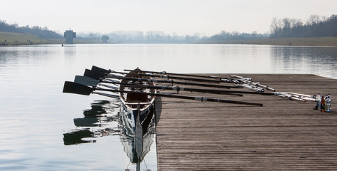 Rowing eight, ready for a training session - obrazy, fototapety, plakaty