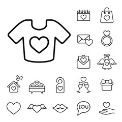 t-shirt with heart line black on white icons set