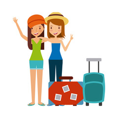 happy young women with suitcases  over white background. trip and vacations concept. colorful design. vector illustration