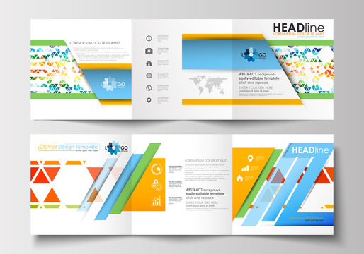 Set of business templates for tri-fold brochures. Square design. Leaflet cover, flat layout, easy editable blank. Abstract triangles, triangular background, modern colorful polygonal vector.