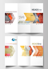Tri-fold brochure business templates on both sides. Easy editable layout in flat design. Abstract colorful triangle vector background with polygonal molecules.