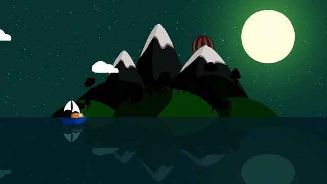 Colorful cartoon Boat sailing slowly in the ocean with Tropical island in the background at starry night sky and big moon. nature Sea Coast background with copyspace. mountains island landscape loop