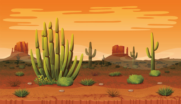 Seamless background of landscape with desert and cactus.