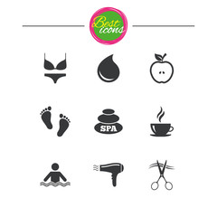 Spa, hairdressing icons. Swimming pool sign.