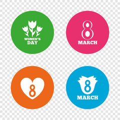 8 March Women's Day icons. Flower, heart symbols.