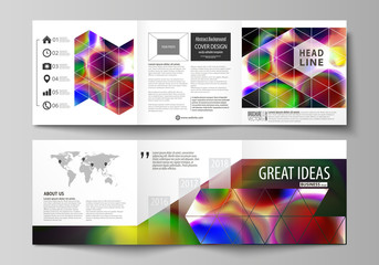 Set of business templates for tri fold brochures. Square design. Leaflet cover, flat layout, easy editable vector. Colorful background with abstract shapes, bright cell backdrop.