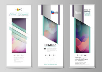 Roll up banner stands, flat geometric style templates, modern business concept, corporate vertical vector flyers, flag layouts. Colorful design pattern, shapes forming abstract beautiful background.