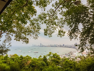 Beautiful view of Pattaya city from hilltop when looking through the gap between the trees.