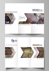 Tri-fold brochure business templates on both sides. Easy editable vector layout in flat design. Abstract multicolored backgrounds. Geometrical patterns. Triangular and hexagonal style.