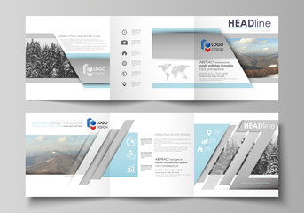 Business templates for tri fold square design brochures. Leaflet cover, flat layout, easy editable vector. Abstract landscape of nature. Dark color pattern in vintage style, mosaic texture.