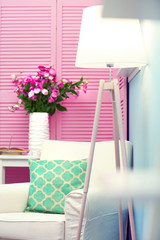 Beautiful room interior with pink folding screen