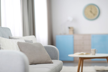 New cozy couch with pillows in modern room interior