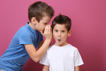 Cute little brothers standing on pink background