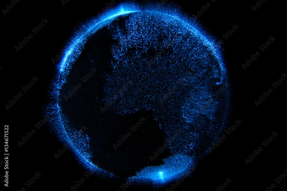 Wall mural 3d illustration of blue particles sparkle glitter with shape of detailed virtual planet earth world 
