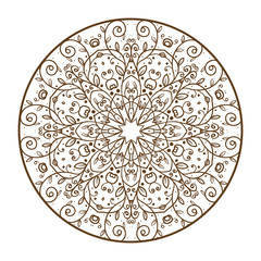 Vector floral retro doodle pattern with flowers and leaves in circle on a white background. Monochrome brown and white pattern. Doodle lace mandala. Vector illustration.