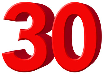 Numeral 30, thirty, isolated on white background, 3d render