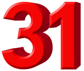 Numeral 31, thirty one, isolated on white background, 3d render