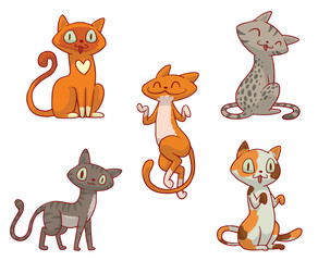Vector set of cartoon images of cute different cats of different color with different actions and emotions on a white background. Pet. Vector illustration. Positive character.