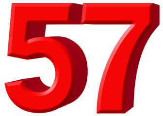 Numeral 57, fifty seven, isolated on white background, 3d render