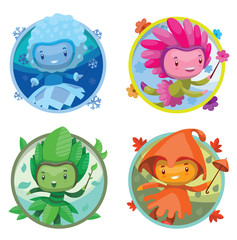 Vector set of round frames with cartoon images of cute fairies of the seasons: spring, summer, autumn and winter, with magic wands in hands on a white background. Illustration with shadows, highlights