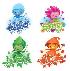 Vector set of emblems with cartoon images of cute fairies of the seasons: spring, summer, autumn and winter, with magic wands in hands on a white background. Illustration with shadows and highlights.