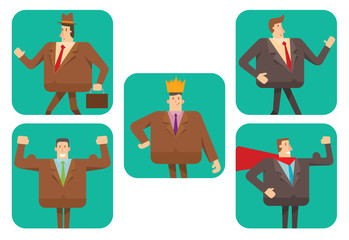 Vector set of frames with cartoon images of square businessmen in brown and black suits, with different actions and emotions on a white background. Geometric businessman. Vector business illustration