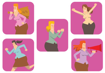 Vector set of five frames with cartoon images of rounded business women in different clothes, with different actions and emotions on a white background. Geometric business woman. Vector illustration.