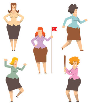 Vector set of cartoon images of rounded business women in different clothes, with different actions and emotions on a white background. Geometric business woman. Vector business illustration.