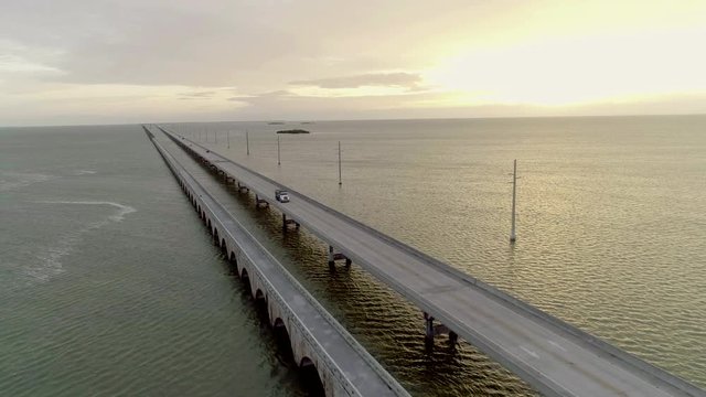 Seven Mile Bridge Florida Keys Overseas Highway Morning Sunrise Traffic Aerial Overhead Drone View