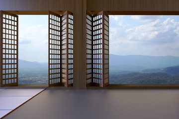 Simple Modern Japanese living room Clean  window and views of mountains and sky
