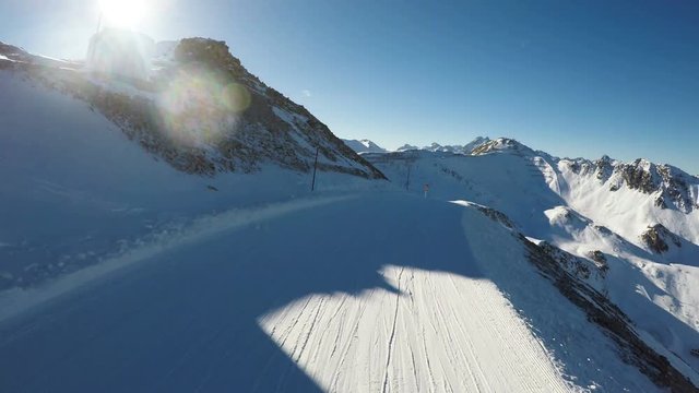 Pov Of Snowboarders On Snowy Winding Mountain Path In Winter 4K