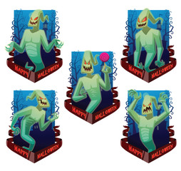 Vector set of dark blue cards "Happy Halloween" with cemetery, banner and with cartoon images of funny light green ghosts with red eyes, with different actions and emotions on a white background.