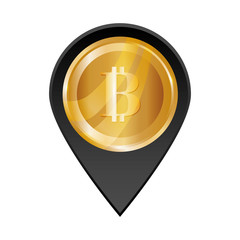 location pin with gold bitcoin coin icon over white background. vector illustration 
