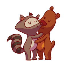 Vector cartoon image of cute animals: a gray raccoon with a striped tail and a brown bear standing and hugging on a white background. Friendship, love. Hugging animals. Vector illustration.