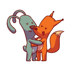 Vector cartoon image of cute animals: a light gray bunny and a red fox standing and hugging on a white background. Friendship, love. Hugging animals. Vector illustration.