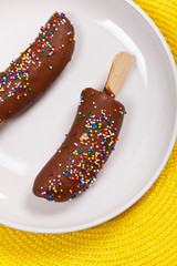 Banana Dessert Chocolate Banana Pops. Selective focus.
