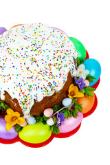 Easter Cake - Russian and Ukrainian Traditional Kulich, Paska Easter Bread Isolated on white background. Selective focus.
