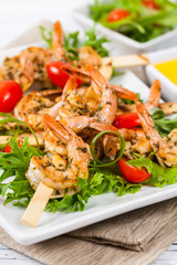 Grilled Shrimp Skewers Summer Healthy Salad. Selective focus.