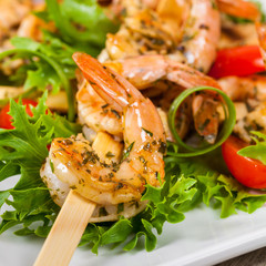 Grilled Shrimp Skewers Summer Healthy Salad. Selective focus.