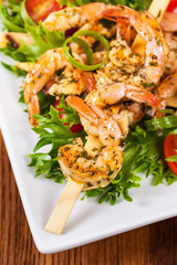 Grilled Shrimp Skewers Summer Healthy Salad. Selective focus.