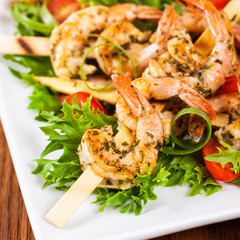 Grilled Shrimp Skewers Summer Healthy Salad. Selective focus.